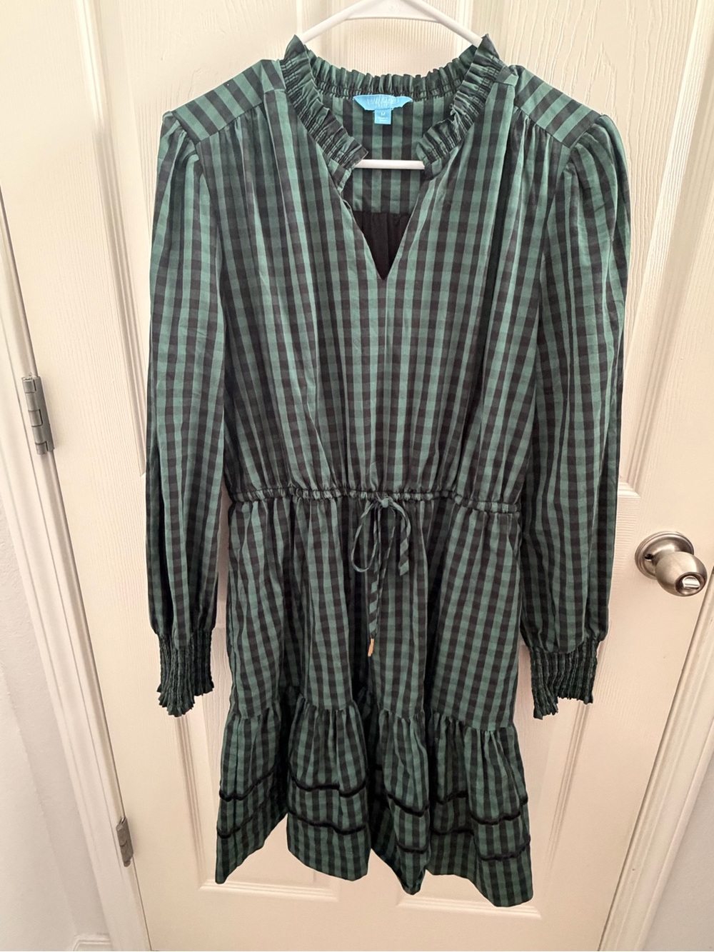 Draper James Green and Black Plaid Long Sleeve Tie-Waist Dress